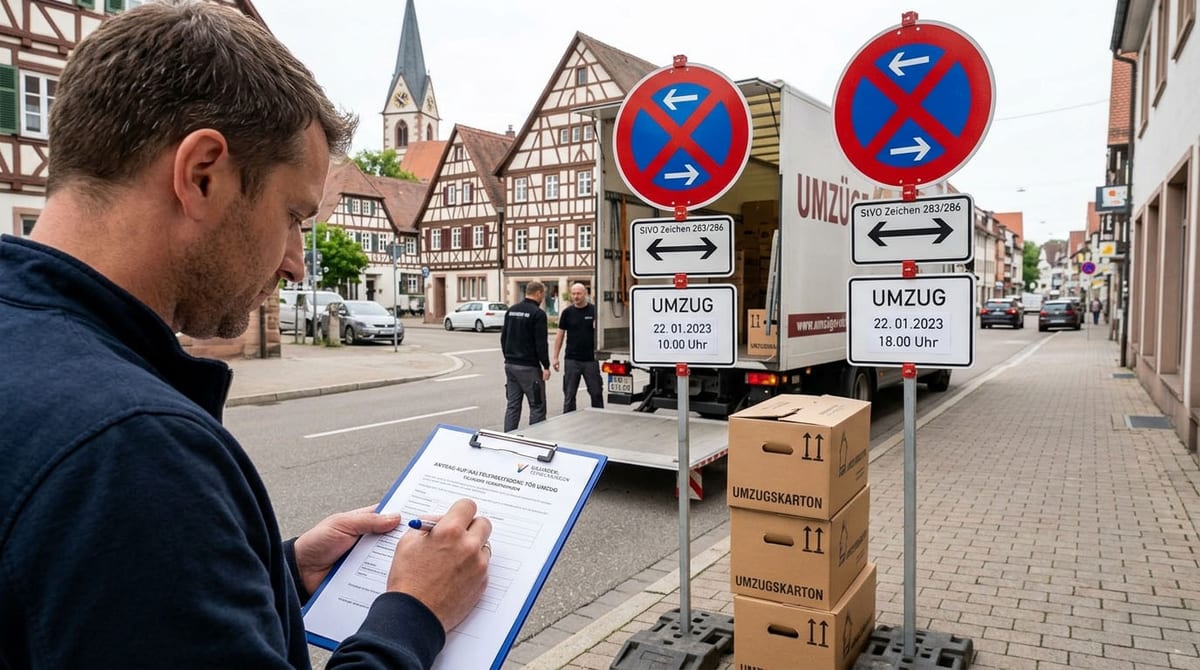Antrag für eine Halteverbotszone wird vor einem Umzugswagen in der Altstadt ausgefüllt